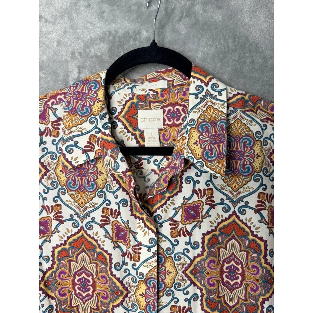 Chicos No-Iron Button Down Shirt 1 Womens M Medallion Paisley 3/4 Sleeve Multi - Picture 3 of 7